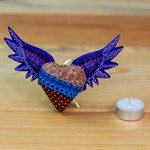 Wood alebrije ornament, 'Purple Wings of the Heart' - Hand-Painted Copal Wood Winged Heart Ornament in Purple
