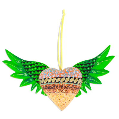 Wood alebrije ornament, 'Green Wings of the Heart' - Hand-Painted Copal Wood Winged Heart Ornament in Green