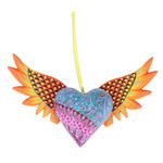 Wood alebrije ornament, 'Orange Wings of the Heart' - Hand-Painted Copal Wood Winged Heart Ornament in Orange