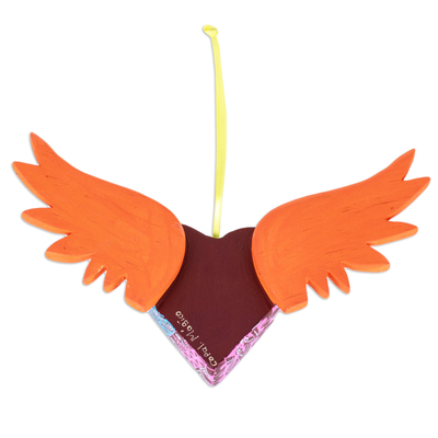 Wood alebrije ornament, 'Orange Wings of the Heart' - Hand-Painted Copal Wood Winged Heart Ornament in Orange