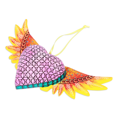 Wood alebrije ornament, 'Yellow Wings of the Heart' - Hand-Painted Copal Wood Winged Heart Ornament in Yellow