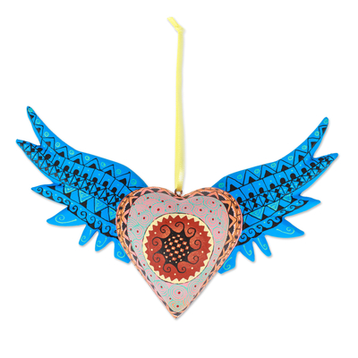 Wood alebrije ornament, 'Cyan Wings of the Heart' - Hand-Painted Copal Wood Winged Heart Ornament in Cyan