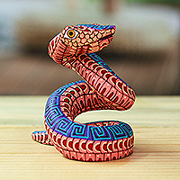 Wood alebrije figurine, 'Melon Hiss' - Hand-Painted Melon Copal Wood Alebrije Snake Figurine