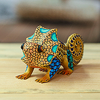Wood alebrije figurine, 'Chameleonic Honey' - Hand-Painted Honey Copal Wood Chameleon Alebrije Figurine