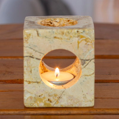 Onyx tealight candleholder, 'Avant-Garde Sparkles' - Modern Cube-Shaped Natural Onyx Tealight Candleholder