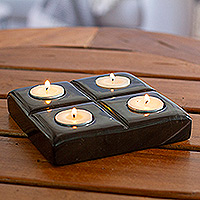 Onyx tealight candleholder, 'Sparkles & Mystery' - Black Natural Onyx Tealight Candleholder Crafted in Mexico