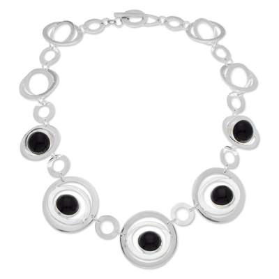 Obsidian link necklace, 'Enlightened Evolution' - Modern Sterling Silver Link Necklace with Obsidian Jewels