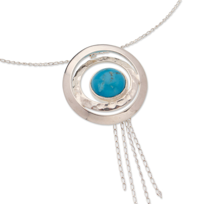 Sterling silver pendant necklace, 'Lagoon Glance' - Hammered and Polished Recon Turquoise Pendant Necklace