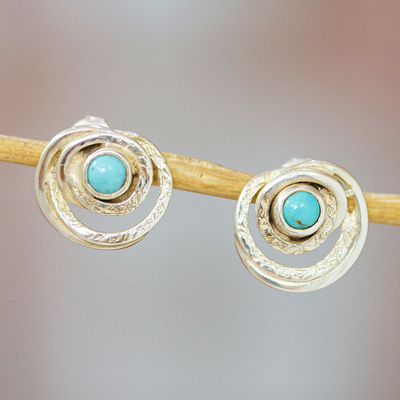 Sterling silver button earrings, 'Lagoon Glance' - Hammered and Polished Recon Turquoise Button Earrings