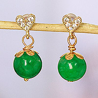 Gold-plated agate dangle earrings, 'Green Hopes' - 14k Gold-Plated Dangle Earrings with Green Agate Beads