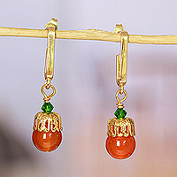 Gold-plated carnelian dangle earrings, 'Evening Splendor' - Gold-Plated Carnelian and Swarovski Crystal Dangle Earrings