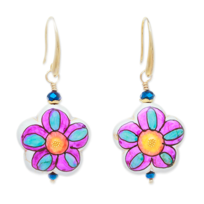 Gold-accented howlite dangle earrings, 'Kindness Bloom' - Gold-Accented Floral Howlite Dangle Earrings in Pink Hues