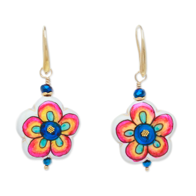Gold-accented howlite dangle earrings, 'Diversity Bloom' - Gold-Accented Floral Howlite Dangle Earrings in Vibrant Hues