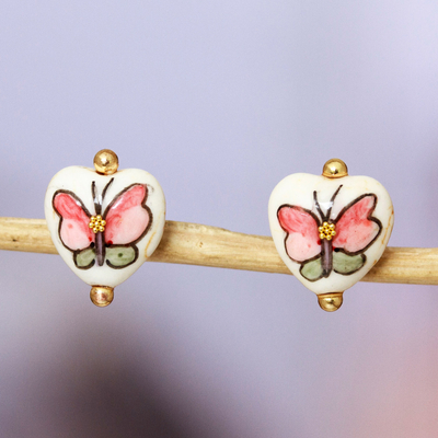 Gold-accented howlite stud earrings, 'Dulcet Hope' - Gold-Accented Heart-Shaped Butterfly Howlite Stud Earrings