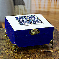 Caja decorativa de madera decoupage, 'Sapphire Mosaics' - Caja decorativa de madera de decoupage floral en tonos zafiro