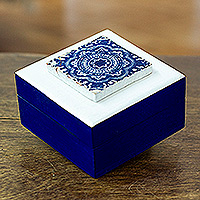 Decoupage wood jewelry box, 'Sapphire Tiles' - Floral Decoupage Wood Jewelry Box in Sapphire Hues