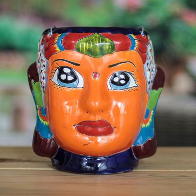 Hängepflanzgefäß aus Keramik - Hängepflanzgefäß aus Keramik im Hacienda- und Indianer-Stil in Orange