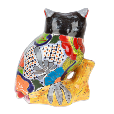 Ceramic sculpture, 'Sunshine Sage' - Owl-Themed Floral Painted Ceramic Sculpture from Mexico