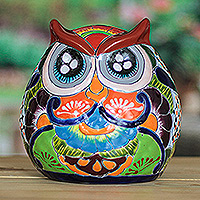 Ceramic sculpture, 'Mystic Sweetie' - Owl-Themed Floral Hand-Painted Ceramic Sculpture