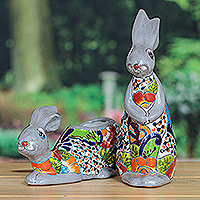 Ceramic flower pots, 'Hacienda Hops' (set of 2) - Bunny-Shaped Hacienda Ceramic Flower Pots (Set of 2)