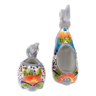 Ceramic flower pots, 'Hacienda Hops' (set of 2) - Bunny-Shaped Hacienda Ceramic Flower Pots (Set of 2)