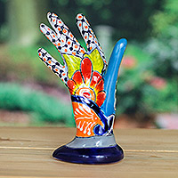 Ceramic jewelry holder, 'Precious Customs' - Hacienda-Themed Hand-Shaped Ceramic Jewelry Holder