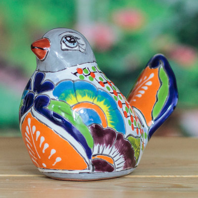 estatuilla de ceramica - Figura de cerámica pintada de Hacienda con temática de pájaros en gris