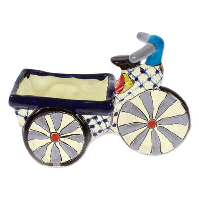 Maceta de cerámica - Maceta de cerámica con forma de triciclo con temática de hacienda en azul