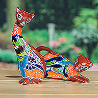 Ceramic sculptures, 'Feline Play' (set of 2) - Set of 2 Handcrafted Hacienda-Themed Cat Ceramic Sculptures