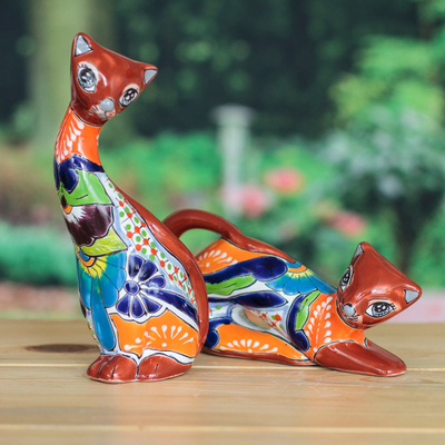 Keramikskulpturen, (2er-Set) - Set aus 2 handgefertigten Katzen-Keramikskulpturen mit Hacienda-Thema