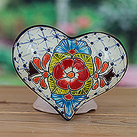 Ceramic sculpture, 'Heart of the Hacienda' - Heart-Shaped Floral Hacienda-Themed Ceramic Sculpture