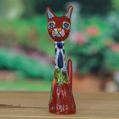 Ceramic sculpture, 'Feline Gaze' - Hand-Painted Hacienda Floral Cat Ceramic Sculpture
