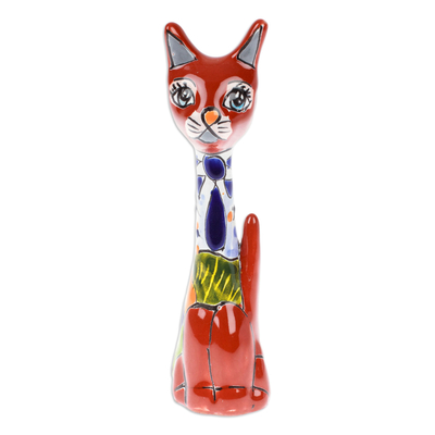 Ceramic sculpture, 'Feline Gaze' - Hand-Painted Hacienda Floral Cat Ceramic Sculpture