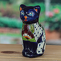 Ceramic sculpture, 'Feline Essence in Blue' - Hand-Painted Hacienda Cat-Themed Ceramic Sculpture in Blue