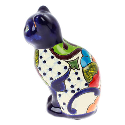 Escultura de cerámica - Escultura de cerámica con temática de gato Hacienda pintada a mano en azul