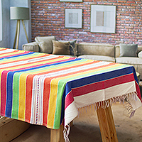 Baumwolltischdecke, „Multicolor Treats“ – handgewebte gestreifte mehrfarbige Baumwolltischdecke mit Fransen