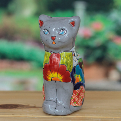 Ceramic sculpture, 'Feline Essence in Grey' - Hand-Painted Hacienda Cat-Themed Ceramic Sculpture in Grey