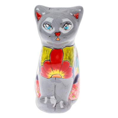 Ceramic sculpture, 'Feline Essence in Grey' - Hand-Painted Hacienda Cat-Themed Ceramic Sculpture in Grey