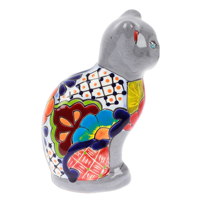 Escultura de cerámica - Escultura de cerámica con temática de gato Hacienda pintada a mano en gris