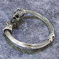 Men's sterling silver cuff bracelet, 'Majestic Jaguars' - Men's Taxco Sterling Silver Cuff Bracelet with Jaguar Motif