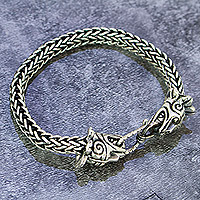 Men's sterling silver chain bracelet, 'Quetzalcoatl God of Life' - Men's Taxco Sterling Silver Quetzalcoatl God Chain Bracelet
