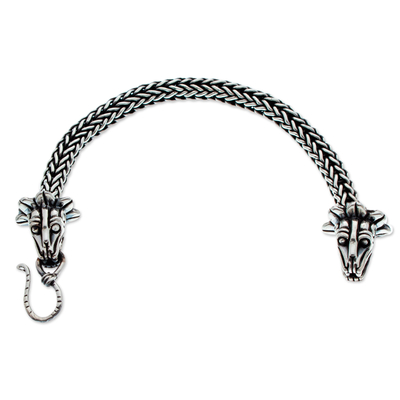 Men's sterling silver chain bracelet, 'Quetzalcoatl God of Life' - Men's Taxco Sterling Silver Quetzalcoatl God Chain Bracelet