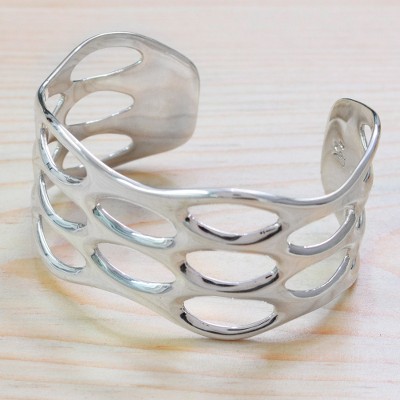 Sterling silver cuff bracelet, 'Oval Splendor' - Taxco Sterling Silver Cuff Bracelet with Openwork Accents