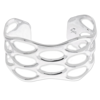 Sterling silver cuff bracelet, 'Oval Splendor' - Taxco Sterling Silver Cuff Bracelet with Openwork Accents