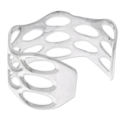 Sterling silver cuff bracelet, 'Oval Splendor' - Taxco Sterling Silver Cuff Bracelet with Openwork Accents