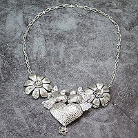 Sterling silver statement necklace, 'Bird Heart and Flower' - Taxco 925 Silver Bird Heart & Flower Statement Necklace