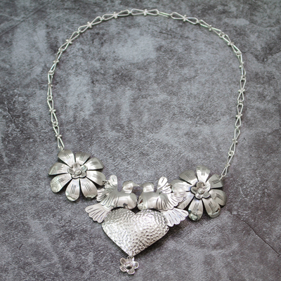Collar llamativo de plata de ley - Collar llamativo de flores y corazón de pájaro de plata 925 de Taxco