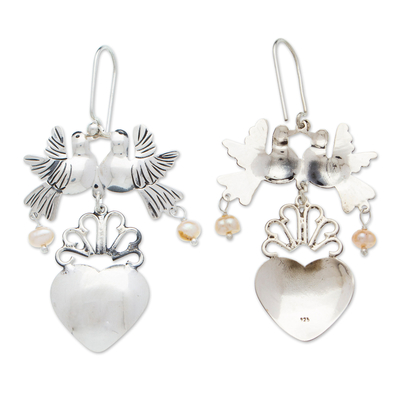 Aretes candelabro de perlas cultivadas - Aretes tipo candelabro con forma de pájaro y perlas cultivadas en plata 925 de Taxco