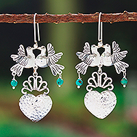 Pendientes de araña turquesa, 'Corazón de pájaro en verde' - Pendientes de araña de pájaro y corazón turquesa de plata Taxco 925