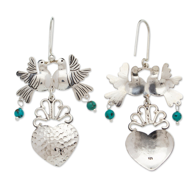 Turquoise chandelier earrings, 'Bird Heart in Green' - Taxco 925 Silver Turquoise Bird & Heart Chandelier Earrings